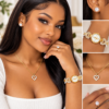 Portrait glamour avec bijoux en cœur Coffret Bijoux Femme Cœur Rouge – Montre Dorée, Collier, Bague et Boucles d’Oreilles – Idée Cadeau