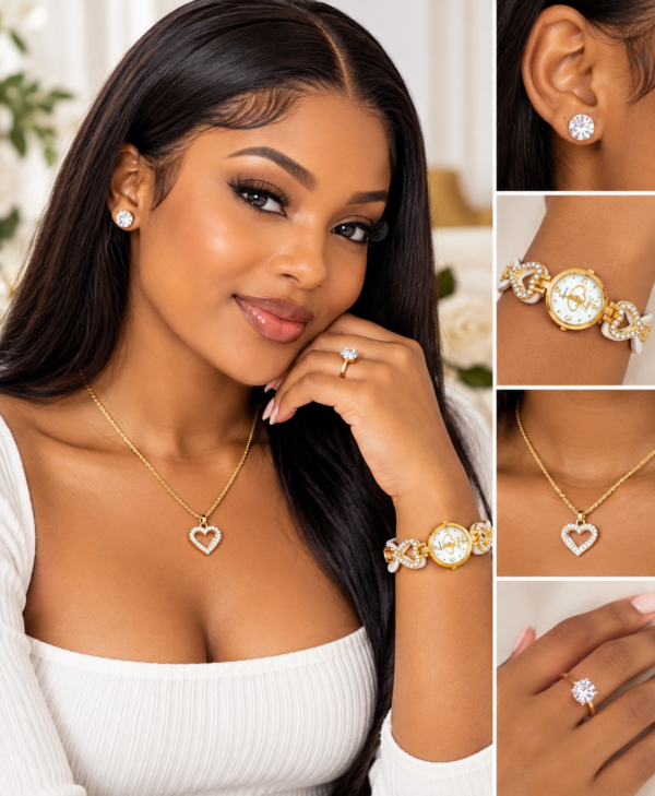 Portrait glamour avec bijoux en cœur Coffret Bijoux Femme Cœur Rouge – Montre Dorée, Collier, Bague et Boucles d’Oreilles – Idée Cadeau