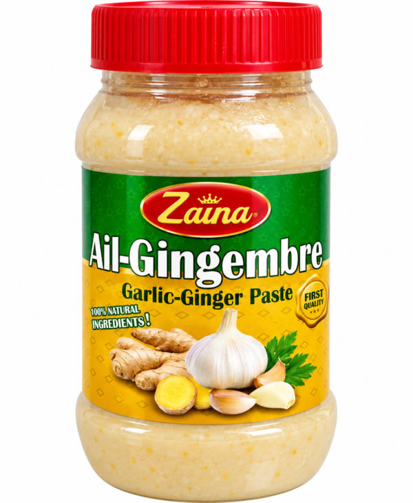 pâte ail gingembre, pâte d’ail et de gingembre Zaina, ail-gingembre Zaina, Zaina Garlic Ginger Paste, acheter pâte ail gingembre, purée ail gingembre, condiment ail gingembre, pâte d’ail gingembre pour marinade, assaisonnement ail gingembre, ail gingembre pour poulet, ail gingembre pour poisson, pâte ail gingembre pour sauce, pâte ail gingembre cuisine africaine, pâte ail gingembre cuisine indienne, épicerie africaine en ligne, épicerie du monde en France, acheter condiments africains, KAIROSHYB Market