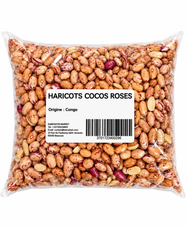 Sac de haricots cocos roses étiqueté haricots secs africains, assortiment de haricots secs, haricot Ya Goma, haricots Ya Goma Congo, haricots cocos roses, haricots blancs secs, haricots rouges secs, haricots du Congo, légumineuses sèches, légumes secs africains, épicerie africaine en ligne, acheter haricots africains, haricots pour cuisine congolaise, haricots pour accompagner le riz, haricots secs en France, KAIROSHYB Market