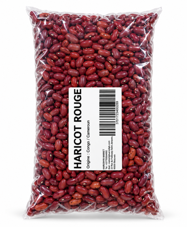 Sac transparent de haricots rouges étiqueté haricots secs africains, assortiment de haricots secs, haricot Ya Goma, haricots Ya Goma Congo, haricots cocos roses, haricots blancs secs, haricots rouges secs, haricots du Congo, légumineuses sèches, légumes secs africains, épicerie africaine en ligne, acheter haricots africains, haricots pour cuisine congolaise, haricots pour accompagner le riz, haricots secs en France, KAIROSHYB Market
