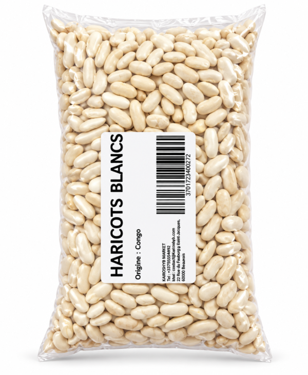 Sachet de haricots blancs étiqueté haricots secs africains, assortiment de haricots secs, haricot Ya Goma, haricots Ya Goma Congo, haricots cocos roses, haricots blancs secs, haricots rouges secs, haricots du Congo, légumineuses sèches, légumes secs africains, épicerie africaine en ligne, acheter haricots africains, haricots pour cuisine congolaise, haricots pour accompagner le riz, haricots secs en France, KAIROSHYB Market