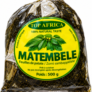 Matembele Top Africa, matembele 500 g, feuilles de patate douce, feuilles de patate congelées, matembele congelé, légumes africains, légumes surgelés africains, feuilles de patate douce africaines, Top Africa Matembele, légumes pour cuisine congolaise, spécialités alimentaires africaines, acheter matembele en ligne.
