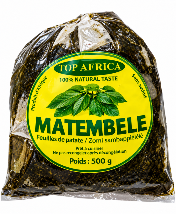 Matembele Top Africa, matembele 500 g, feuilles de patate douce, feuilles de patate congelées, matembele congelé, légumes africains, légumes surgelés africains, feuilles de patate douce africaines, Top Africa Matembele, légumes pour cuisine congolaise, spécialités alimentaires africaines, acheter matembele en ligne.