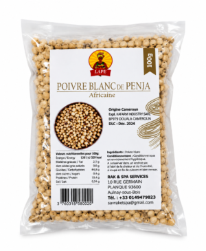poivre blanc de Penja, poivre de Penja Cameroun, poivre blanc LAPE, LAPE poivre blanc, poivre blanc Penja 100 g, poivre camerounais, poivre africain, poivre blanc en grains, épice du Cameroun, poivre blanc entier, poivre pour poisson, poivre pour viande, poivre pour sauce, poivre pour cuisine africaine, épices africaines, poivre aromatique, condiment en grains, poivre blanc pour marinade, acheter poivre de Penja, poivre blanc en ligne, épicerie africaine en ligne, poivre blanc du Cameroun 100 g.