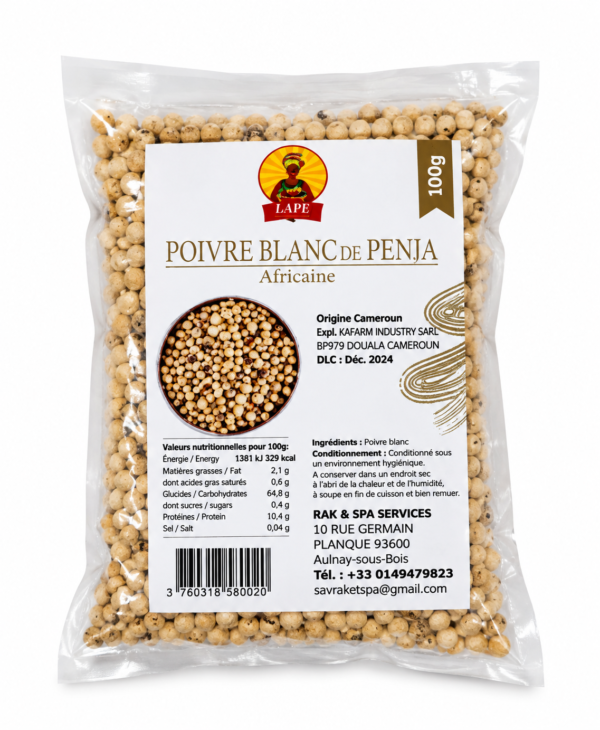 Sachet de poivre blanc de Penja poivre blanc de Penja, poivre de Penja Cameroun, poivre blanc LAPE, LAPE poivre blanc, poivre blanc Penja 100 g, poivre camerounais, poivre africain, poivre blanc en grains, épice du Cameroun, poivre blanc entier, poivre pour poisson, poivre pour viande, poivre pour sauce, poivre pour cuisine africaine, épices africaines, poivre aromatique, condiment en grains, poivre blanc pour marinade, acheter poivre de Penja, poivre blanc en ligne, épicerie africaine en ligne, poivre blanc du Cameroun 100 g.