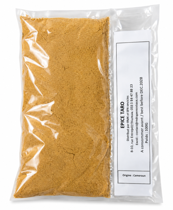épice taro, épice taro Cameroun, épice taro en poudre, épices camerounaises, assaisonnement taro, épice sauce jaune, épice Achu, épice pour Achu, condiment camerounais, mélange d’épices camerounaises, sauce jaune camerounaise, taro Achu, recette taro camerounais, épice pour sauce jaune, épicerie africaine en ligne, acheter épices camerounaises, épices africaines 100 g, produit camerounais, KAIROSHYB Market.