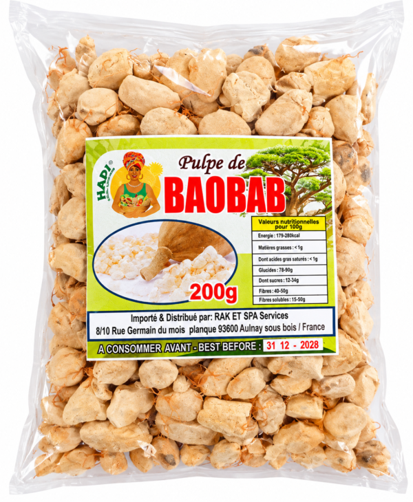Sachet transparent de pulpe de baobab pulpe de baobab HADI, baobab HADI 200g, pulpe de baobab 200g, fruit du baobab, bouye africain, bouye Sénégal, pain de singe, pulpe de fruit du baobab, jus de bouye, jus de baobab africain, boisson traditionnelle africaine, baobab pour jus, pulpe de baobab pour boisson, acheter pulpe de baobab, acheter bouye en ligne, baobab épicerie africaine, produit africain 200g, pulpe de baobab en sachet, ingrédient pour jus africain, spécialités alimentaires africaines.