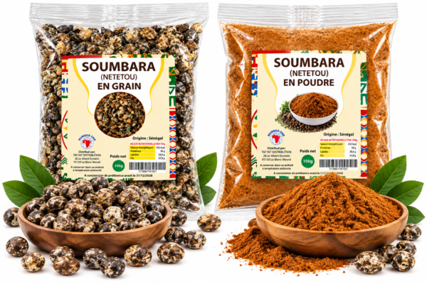 soumbara, soumbara en grains, soumbara en poudre, nététou, netetou en grains, nététou en poudre, soumbala africain, soumbara du Sénégal, condiment africain traditionnel, graines de néré fermentées, poudre de néré fermenté, épice africaine, assaisonnement africain, condiment pour sauce africaine, soumbara pour thiéboudienne, nététou pour sauce gombo, soumbala pour riz, condiment cuisine sénégalaise, acheter soumbara en France, soumbara 100 g, épicerie africaine en ligne, KAIROSHYB Market