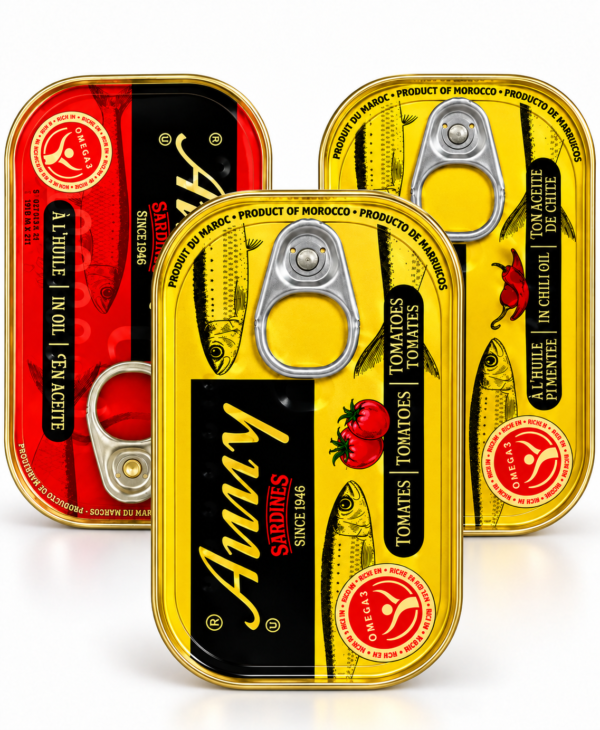 sardines ANNY, sardines ANNY Maroc, sardines en conserve, sardines marocaines, sardines à l’huile, sardines à la tomate, sardines pimentées, sardines à l’huile pimentée, boîte de sardines, poisson en conserve, conserve de poisson, sardines du Maroc, sardines pour riz, sardines pour pâtes, sardines pour cuisine africaine, sardines pour cuisine méditerranéenne, achat sardines en ligne, sardines en boîte pas cher, assortiment de sardines, sardines ANNY à la tomate, sardines ANNY au piment, poisson en conserve du Maroc.